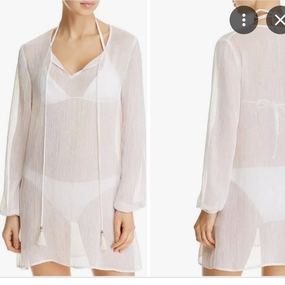 Sheer white and gold long sleeve mini dress coverup
